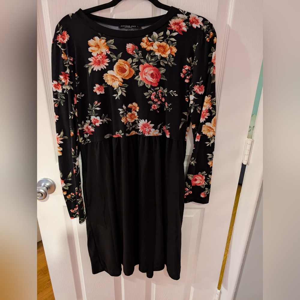 Long Sleeve Black Floral Dress XL